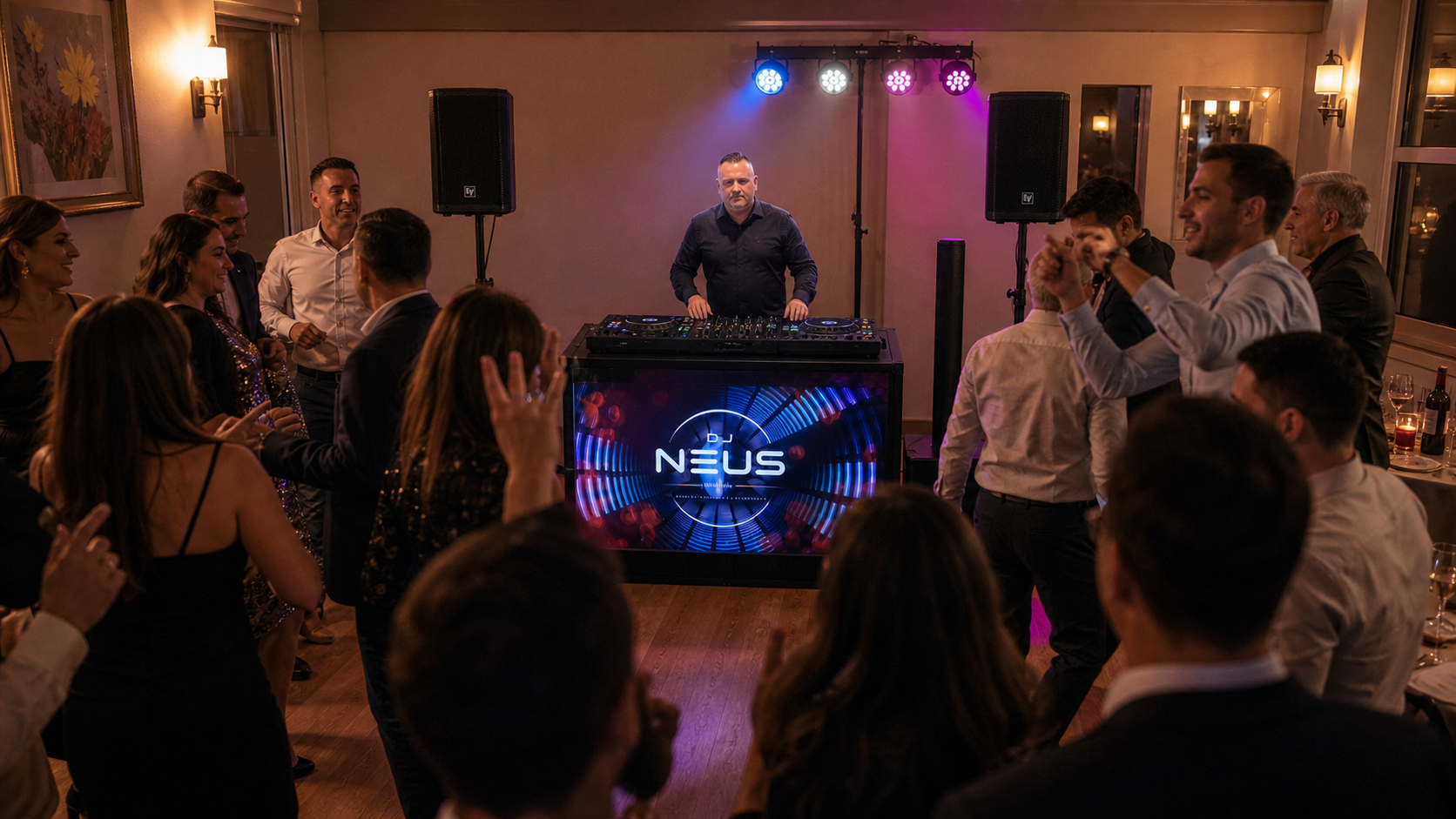 DJ NEUS s LED DJ pultom, dva Electro-Voice EVERSE 8 zvučnika i jednim Bose Sub1 u malom prostoru