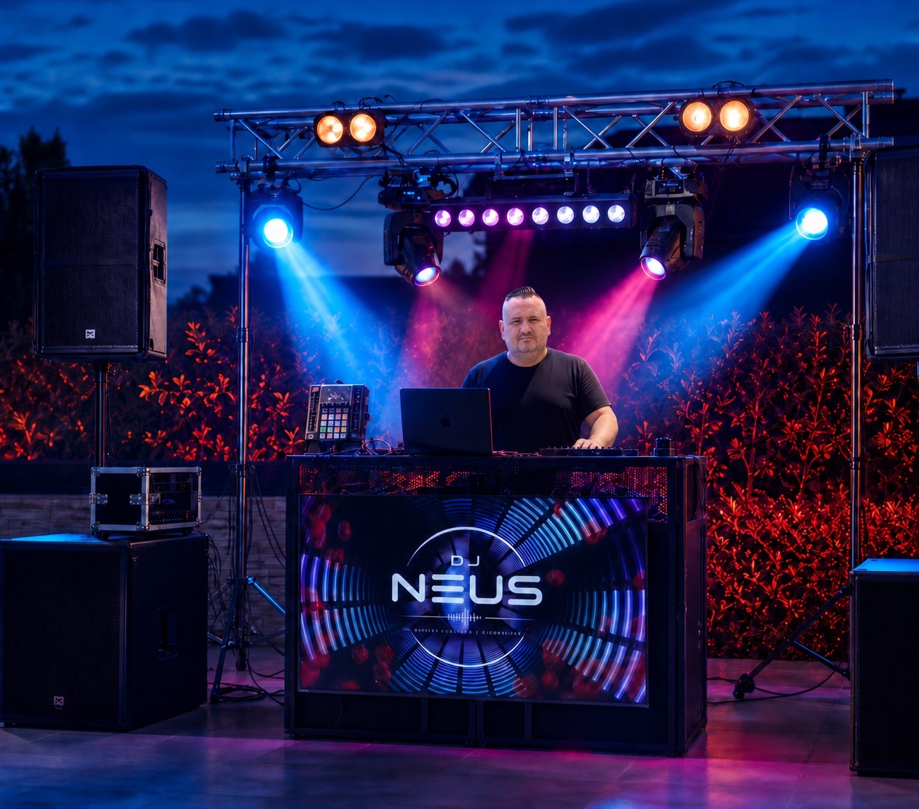 MAXI DJ Event postava s NEUS DJ pultom, razglasom, subwooferima i rasvjetom na trussu