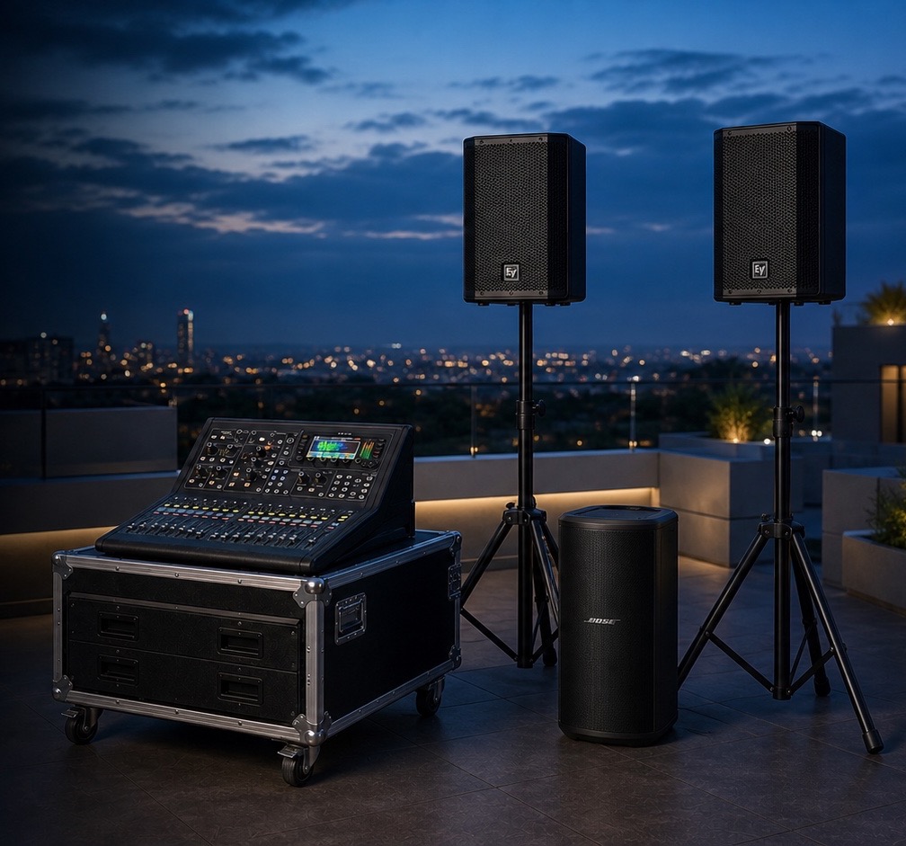 Dva Electro-Voice EVERSE 8 zvučnika, Bose Sub2 subwoofer i Midas M32R LIVE mikseta